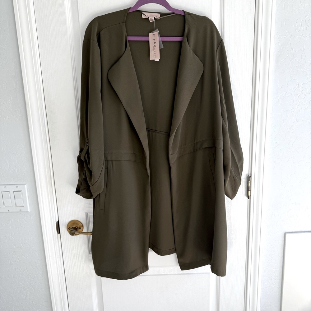 NWT Philosophy Duster Jacket Open Drape Front Trench Dark Olive Size 3X